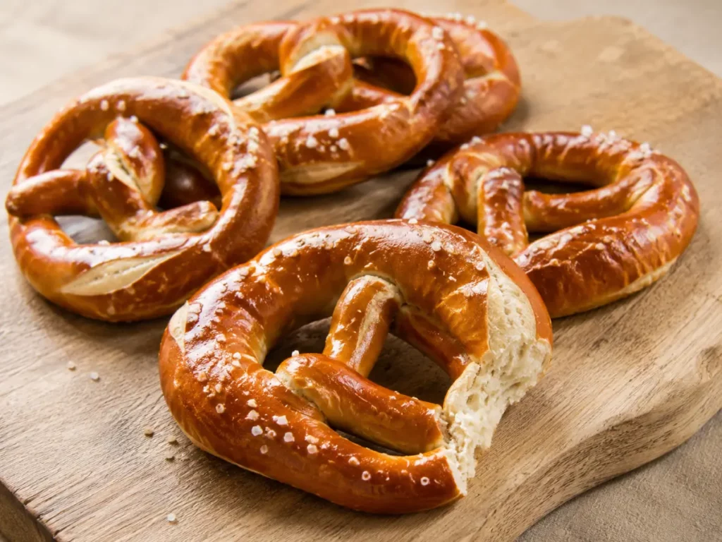 Bretzels alsaciens moelleux fraîchement cuits, posés sur une planche en bois