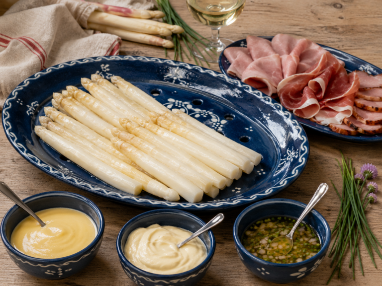 Asperges blanches d’Alsace aux trois jambons et trois sauces dans un plat à asperges bleu de Soufflenheim.