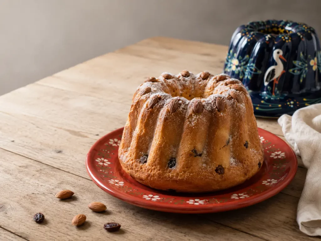 Kougelhopf alsacien traditionnel aux amandes présenté sur un plat rouge en poterie de Soufflenheim, avec son moule décoré en arrière-plan.