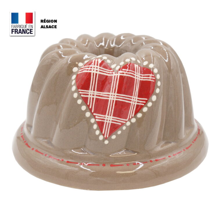 Moule à Kouglof Taupe décor Coeur Carreau Rouge / 24 cm