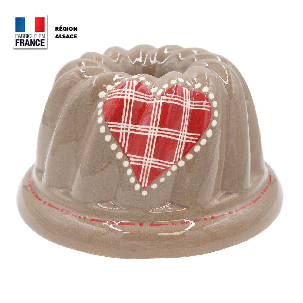 Moule à Kouglof Taupe décor Coeur Carreau Rouge / 24 cm