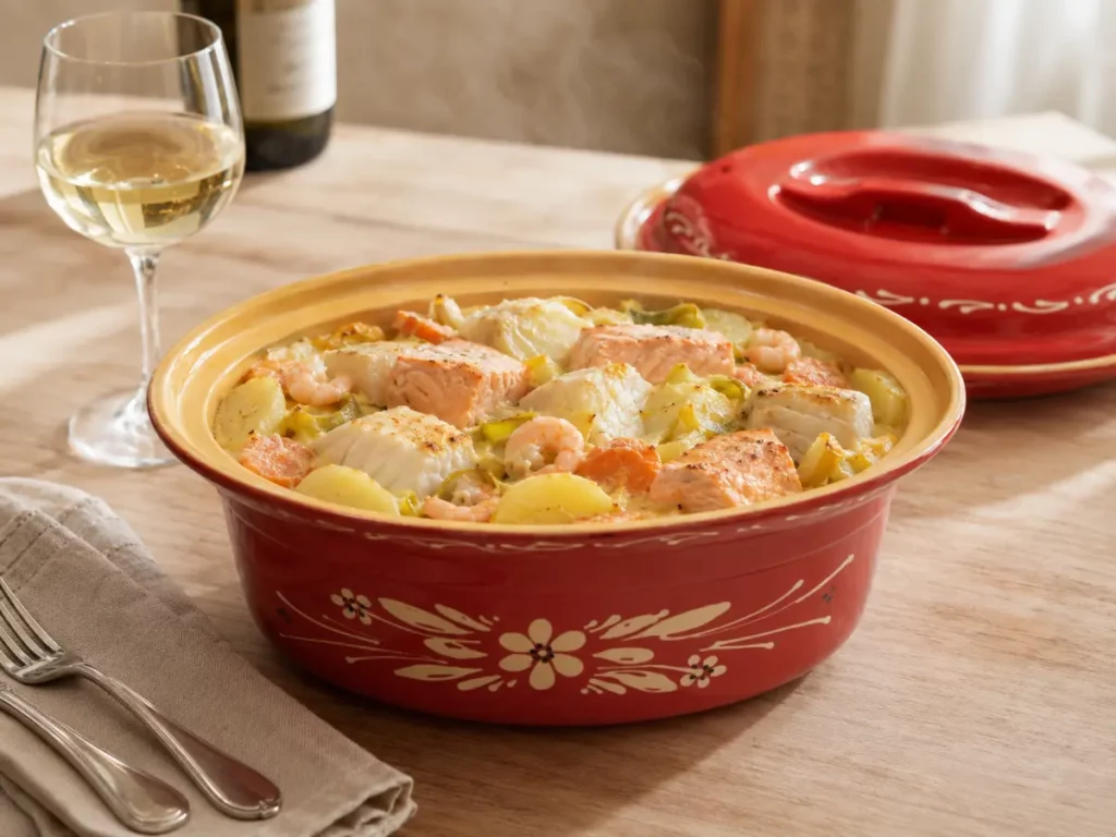 Baeckeoffe de poissons au Riesling dans une terrine alsacienne de Soufflenheim