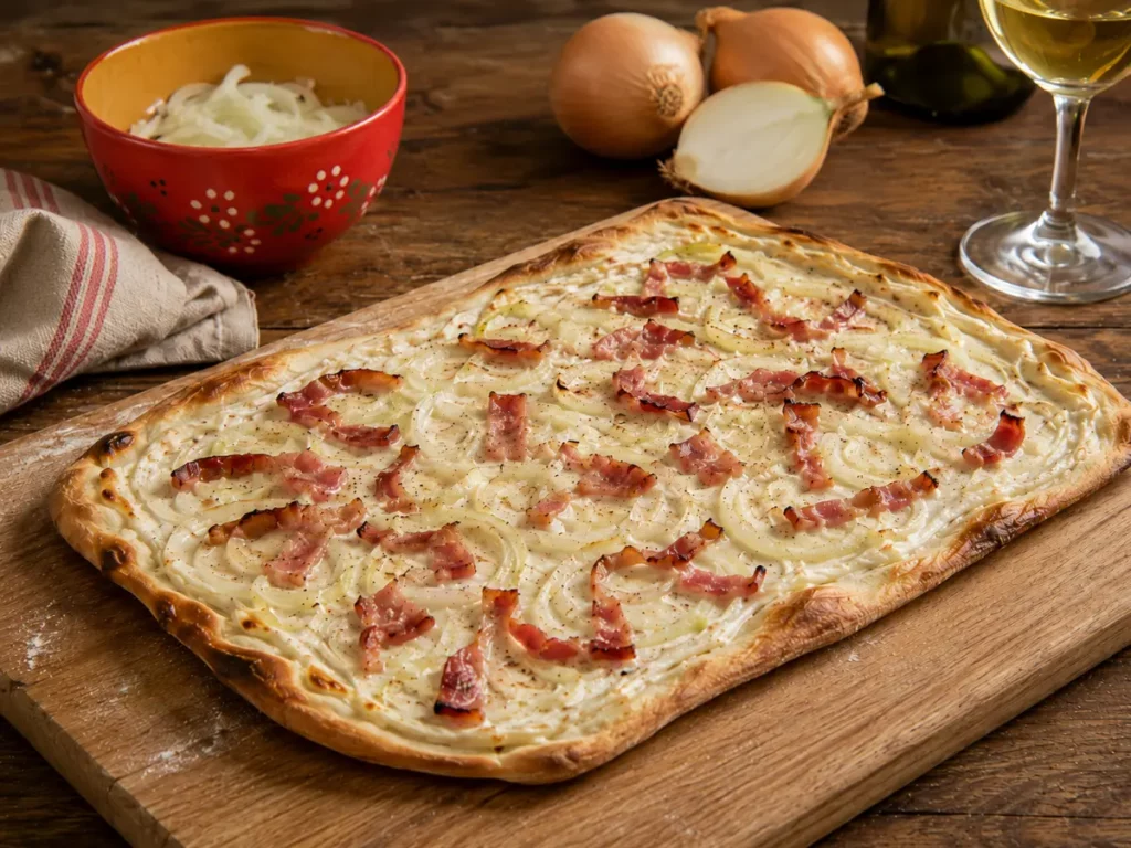 Tarte flambée alsacienne traditionnelle au lard fumé et aux oignons