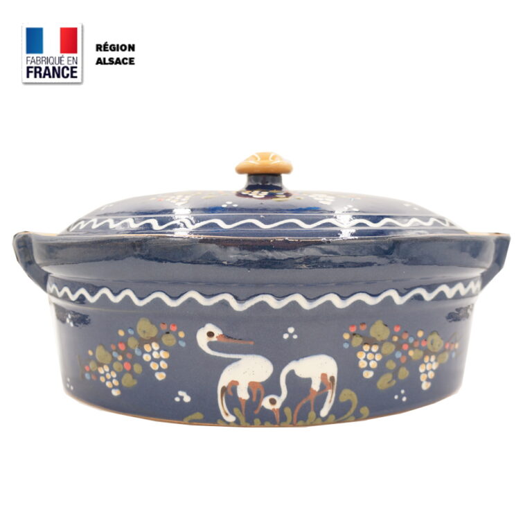 Terrine à Baeckeoffe 8 – 10 personnes Bleue décor Cigogne Raisin