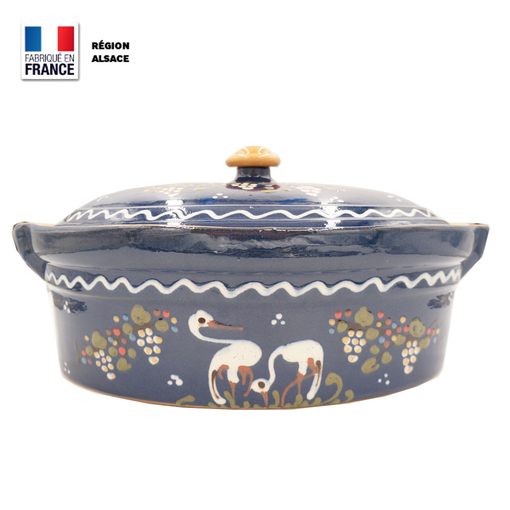 Terrine à Baeckeoffe 8 – 10 personnes Bleue décor Cigogne Raisin