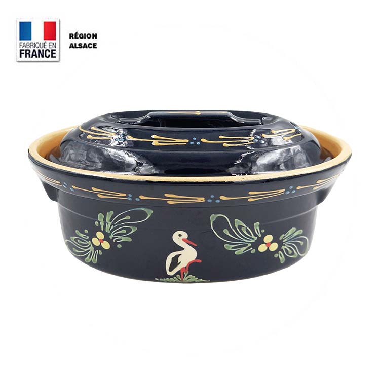Terrine à Baeckeoffe 2 personnes Bleue Décor Cigogne